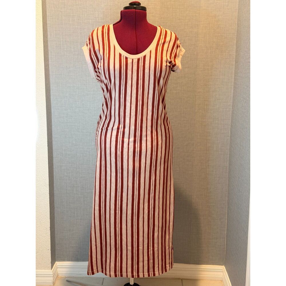 Susina Red Cream Striped Midi Dress Cotton Blend Short Sleeve Modest Size Medium